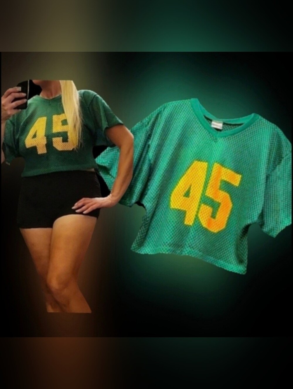 Vtg 80s Nfl Reebok green gold mesh net cropped #45 jersey graphic blouse top XL